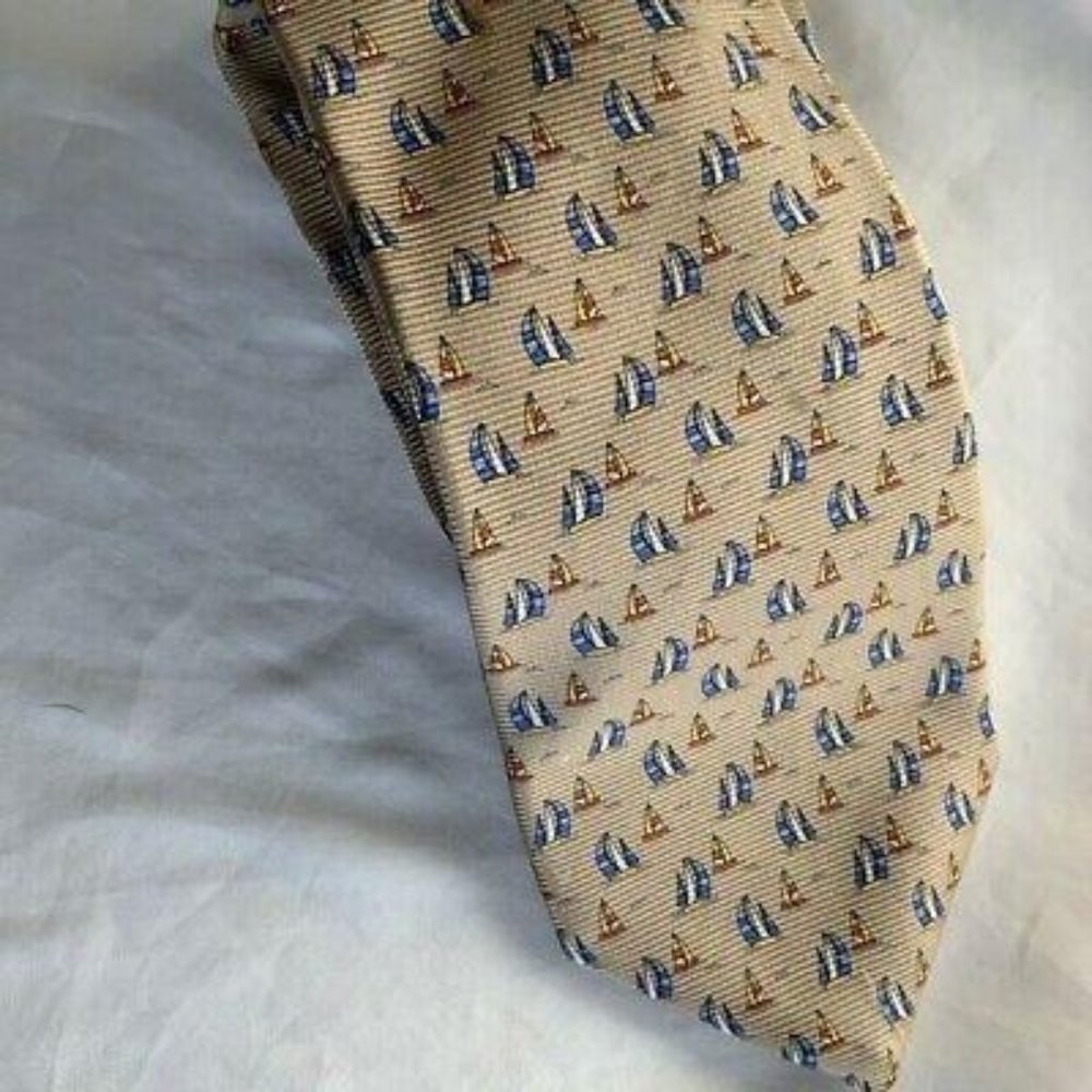 Lands End Mens Tie Beige Khaki Blue White Nautical Sail Boats Woven Tied Necktie
